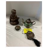 ANTIQUE ASIAN JADE? TEAPOT, SILVERPLATE PURSE,