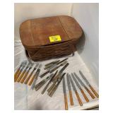 ANTIQUE WOOD PICNIC BASKET, GROUP OF ANTIQUE