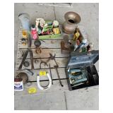 OIL CANS, HORSESHOE, BRASS SPITTOON, SKILSAW,