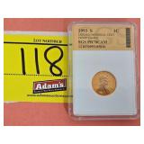 GRADED 1993-S LINCOLN CENT, PROOF 70, CAMEO