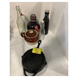 GLASS BOTTLES, PIONEER WOMAN CAST IRON SKILLET,