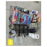 SPRAY PAINT CANS, CANNED DOG FOOD, METAL RACKS,