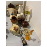 BEAN POTS, GLASS VASE, ROOSTER COFFEE POT, LUCITE