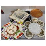 MILK GLASS EGG PLATE, FRUIT THEMED ENAMELWARE