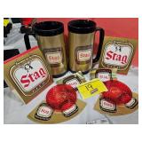 STAG GROUP WITH MUGS, COASTERS, LABELS, AND STAG