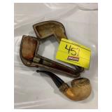 ORNATE BRASS & WHITE ANTIQUE PIPE, ANTIQUE WOODEN