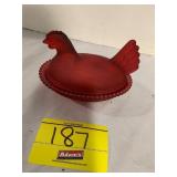 FROSTED RUBY RED GLASS HEN ON NEST