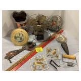 2 ANTIQUE FANS, METAL BIRD PLAQUES, JAPAN WALL