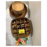 BEADED PARROT BAG, WOODEN SALAD BOWL SET, BASKET