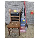 WOODEN CHAIR, HOOVER SPIN SCRUB MACHINE, BROOM,
