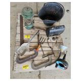 COLEMAN LANTERN, COAL BUCKET, METAL LUNCHBOX,