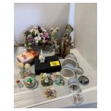 FIGURINES, BOOKS, PURPLE FLOWER WIND CHIME, ETC
