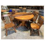 PEDESTAL KITCHEN TABLE, 5 WOODEN CHAIRS, MISMATCH