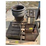 CAST IRON STOVE BASE, METAL GRATES, PLANTER POTS