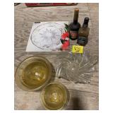 2 BARWARE BOTTLES, AMBER GLASS MIXING BOWLS,