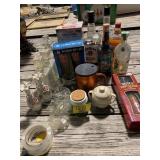 GROUP OF BARWARE BOTTLES & GLASSES, TAPE ROLL,