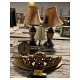 PAIR OF LAMPS, ANTIQUE SCALE, ORNATE SHELF, SMALL
