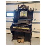 ORNATE ANTIQUE CARVED WOOD CASE ORGAN W/ MIRROR -
