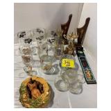 CHRACTER GLASSES, TROPHIES, FOX CHALKWARE FIGURE,