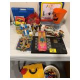 PLASTIC BARN & BLOCKS UNDER TABLE, KIDS COLORING