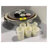 FLAMELESS CANDLES, ENAMELWARE ANTIQUE PANS,