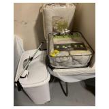 2 BEDSPREADS, BROKEN LID TRASHCAN, GRABBER TOOL
