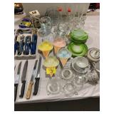 CHEF KNIVES, BLUE HANDLE FLATWARE SET, GLASS