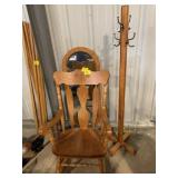 CARVED WOOD ROCKER, WOODEN COAT RACK HALL TREE,