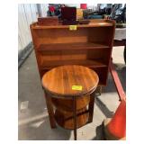 WOODEN BOOKCASE, JEWELRY BOXES, ROUND CARVED WOOD