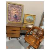 MCM DESK, WOOD ROLLING OFFICE CHAIR, 2 FRAMED