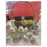 OIL LAMP, (3) FLORAL EGG TRINKET BOXES...ONE
