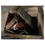 BOX OF CAMO & MISC GUN BELTS & HOLSTERS OF ALL