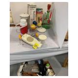 BOX OF CLEANING SUPPLIES UNDER TABLE, WINE