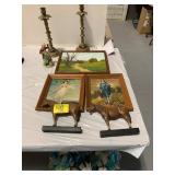 FRAMED WALL ART, ORNATE BRASS CANDLESTICK PAIR,