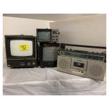 3 PORTABLE TVS, GRAN PRIX BOOMBOX