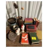 BOOKS, ROOSTER FIGURINES, BROWN GLAZE CROCK,