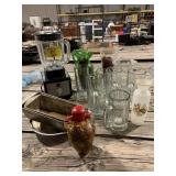 BLENDER, STEIN GLASSES, GREEN GLASS PITCHER,