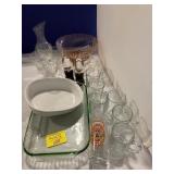 STEMWARE, GLASS DECANTER, PINK GLASS BOWL,
