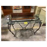 GLASS-TOP METAL BASE TABLE, WOODEN SHELF
