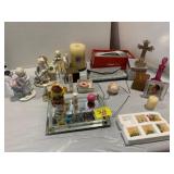 FIGURES, GLASS DRESSER TRAY, PICTURE FRAMES,
