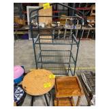 PLASTIC SHELF, WOODEN STOOL, WOODEN END TABLE