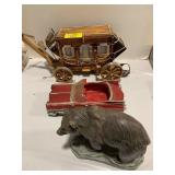 RESIN BEAR & CAR, WOODEN CARRIAGE FIGURE