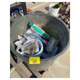 PLASTIC TRASHCAN FULL OF POOL SUPPLIES