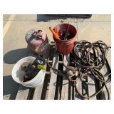 METAL DENTED GAS CAN, HITCH, AIR HOSES?, BUCKET