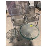 PAIR OF METAL OUTDOOR CHAIRS, GLASS-TOP OUTDOOR