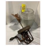 GLASS JAR, ANTIQUE BUTTER CHURN TOPPER
