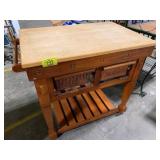 CUTTING-BLOCK TOP WOODEN KITCHEN ISLAND W/ BASKET