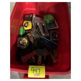 TUB W/ HAND TOOLS, TAPE MEASURERS, STAPLE GUNS,