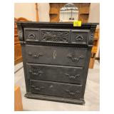 CARVED WOOD BLACK PAINTED CHEST OF DRAWERS