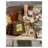 PICNIC BASKET, PAIR OF EAGLE LAMPS, FRAMED PRINTS